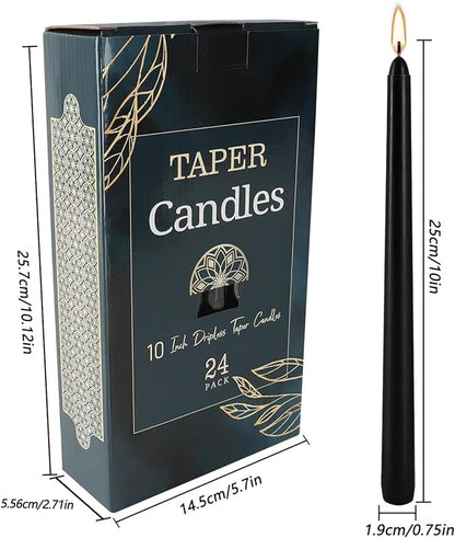 24 Pack Black Taper Candles, 7-8 Hours Burn Time, Unscented, Smokeless and Dripless, 0.75 x 10 Inch