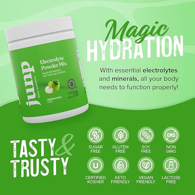 JUNP Electrolytes Powder No Sugar No Carbs – Mouthwatering Green Apple Drink Mix - Potassium & Salt