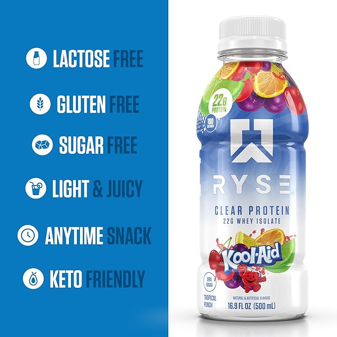 RYSE Clear Protein Shake - Kool-Aid Tropical Punch - 100 Calories, 22g Whey Isolate Protein