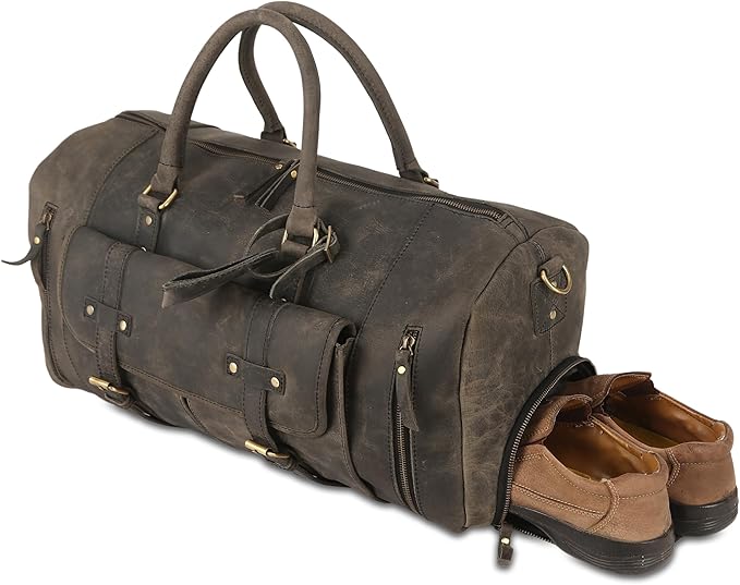 KomalC 24 Inch Leather Duffel Bags for Men and Women Full Grain Leather Travel Overnight Weekend
