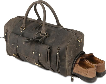 KomalC 24 Inch Leather Duffel Bags for Men and Women Full Grain Leather Travel Overnight Weekend