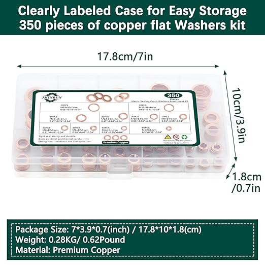 350 PCS, Premium Copper Metric Sealing Crush Washers Assortment Kit, Enhanced Flat Ring Oil Drain