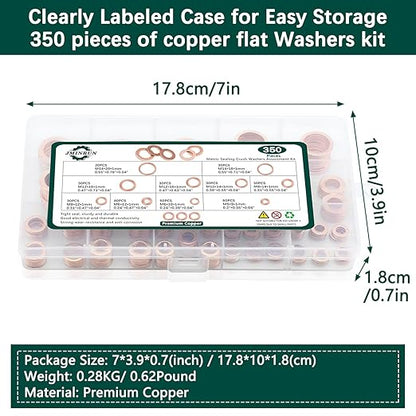 350 PCS, Premium Copper Metric Sealing Crush Washers Assortment Kit, Enhanced Flat Ring Oil Drain