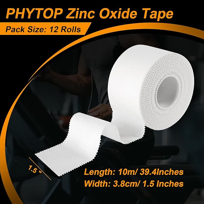 Athletic Tape 1.5in x 33ft (12 Pack Bulk) - No Residue Easy Tear White Sports Tape for Ankle &