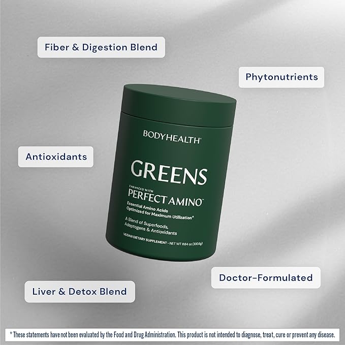 BodyHealth Greens Enhanced with PerfectAmino - Daily Superfood Green Apple Smoothie Powder with