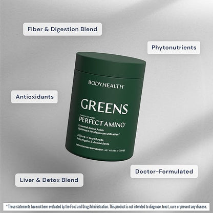 BodyHealth Greens Enhanced with PerfectAmino - Daily Superfood Green Apple Smoothie Powder with