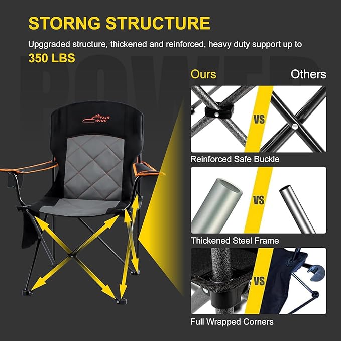 FAIR WIND Oversized Fully Padded Camping Chair, Heavy Duty Quad Fold Chair Arm Chair Support 350