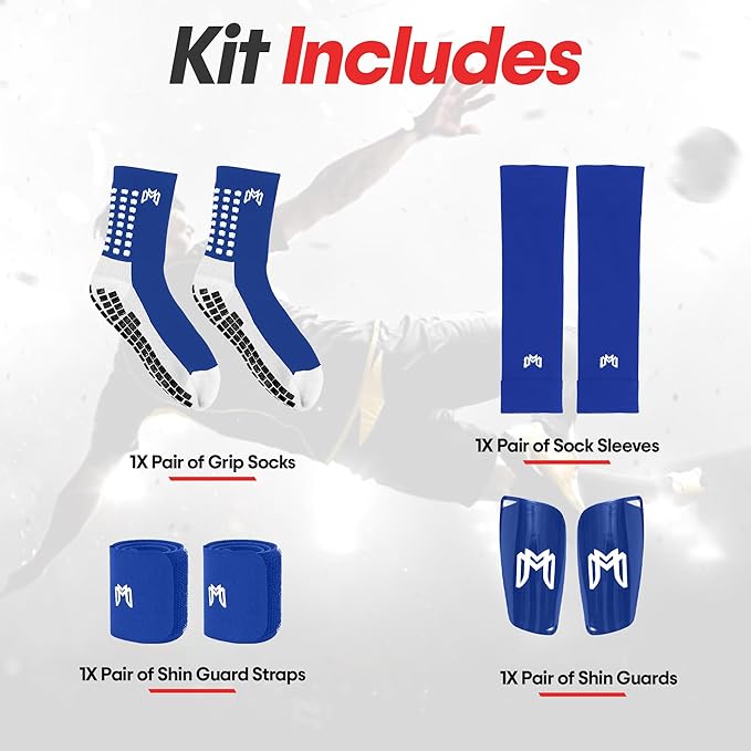 Soccer Grip Socks, Shin Guards, Pre Cut Sock Sleeves, and Guard Straps Bundle Pack - Essential