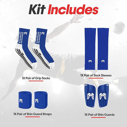 Soccer Grip Socks, Shin Guards, Pre Cut Sock Sleeves, and Guard Straps Bundle Pack - Essential