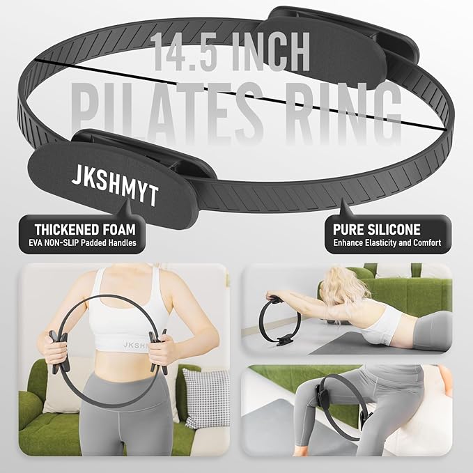 JKSHMYT Silicone Pilates Ring-14.5" Home Pilates kit with Padded Handles, Mini Ball, Resistance