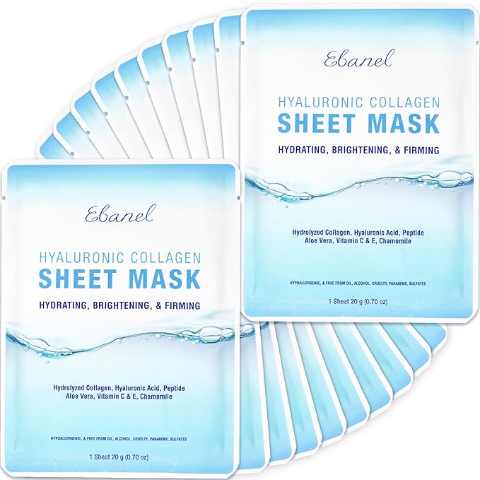 Ebanel 20 Pack Collagen Face Mask with Hyaluronic Acid, Vitamin C, Peptide, Aloe, Instant