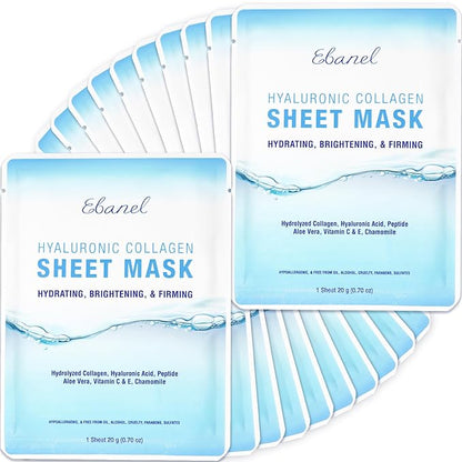 Ebanel 20 Pack Collagen Face Mask with Hyaluronic Acid, Vitamin C, Peptide, Aloe, Instant