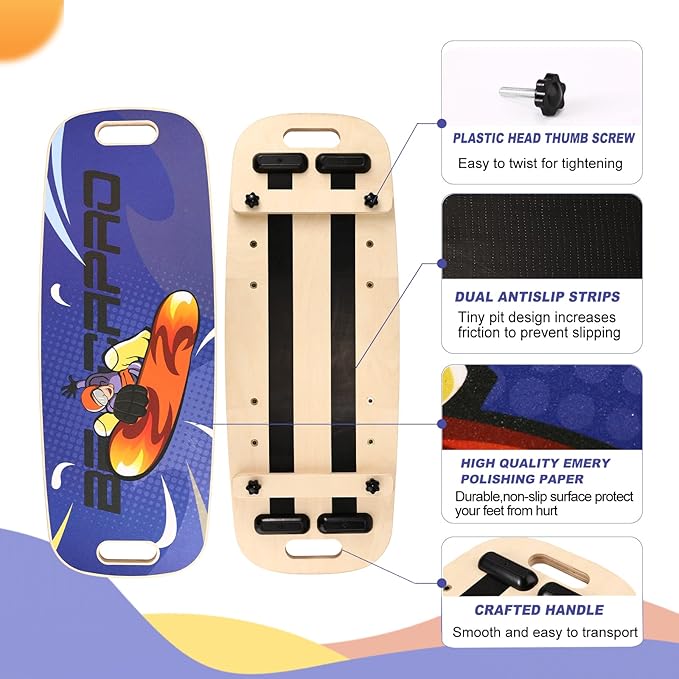 Balance Board Trainer, Wooden Balance Board with Adjustable Stoppers -3 Different Distance