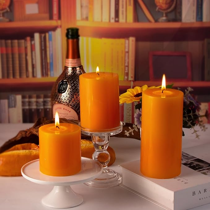 KONNI Orange Pillar Candles Set of 3, 3"x 6" Unscented Pillar Candles Bulk, 56 Hours Long Burning