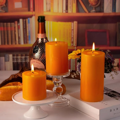 KONNI Orange Pillar Candles Set of 3, 3"x 6" Unscented Pillar Candles Bulk, 56 Hours Long Burning