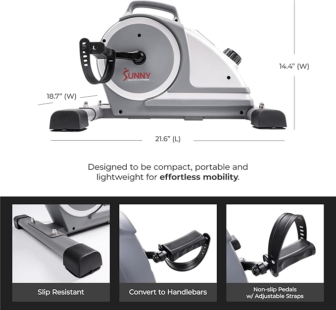 Sunny Health & Fitness Dual Function Under-Desk Bike Trainer, Mini Exercise Machine for Senior
