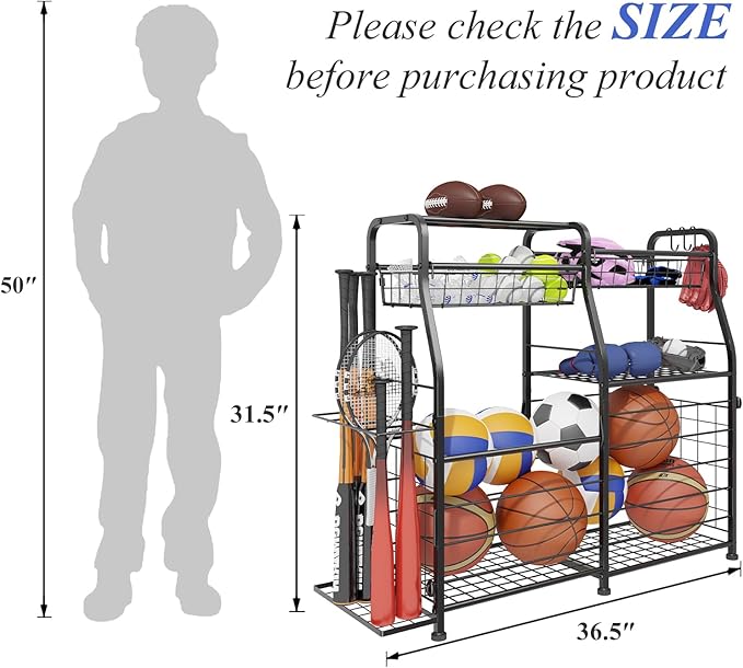 Garage Sports Equipment Organizer - Ball Storage Rack with Elastic Rope or Wire Mesh,Garage