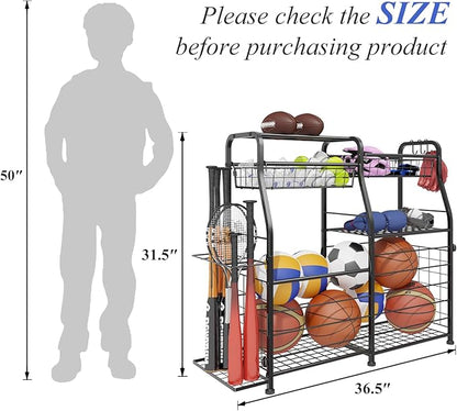 Garage Sports Equipment Organizer - Ball Storage Rack with Elastic Rope or Wire Mesh,Garage