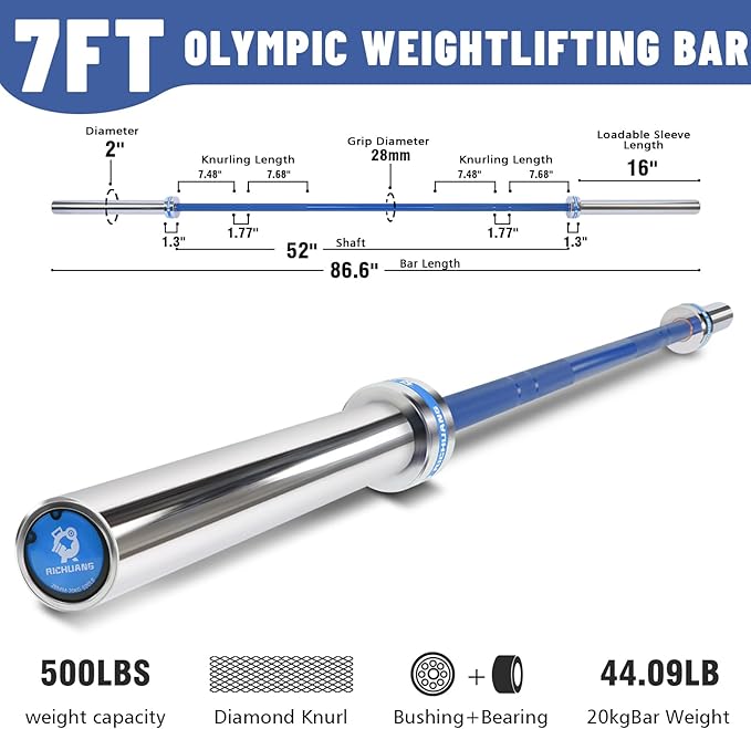 7ft Olympic Barbell, Weightlifting Barbell 28mm 45lb - 500/700/1000lbs Capacity with Smooth