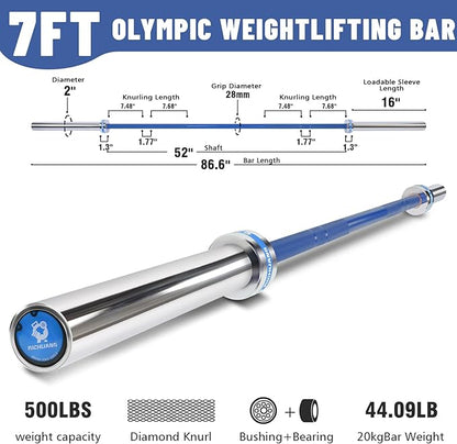 7ft Olympic Barbell, Weightlifting Barbell 28mm 45lb - 500/700/1000lbs Capacity with Smooth
