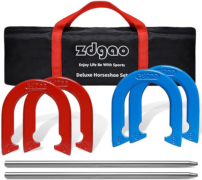 Horseshoes Outside Game Set-Portable Outdoor Horseshoe Set Includes 4 Professional Solid Steel