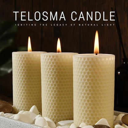 Pure Natural Beeswax Pillar Candles Bulk - Pack of 6 - Honeycomb Surface, No Scent- for
