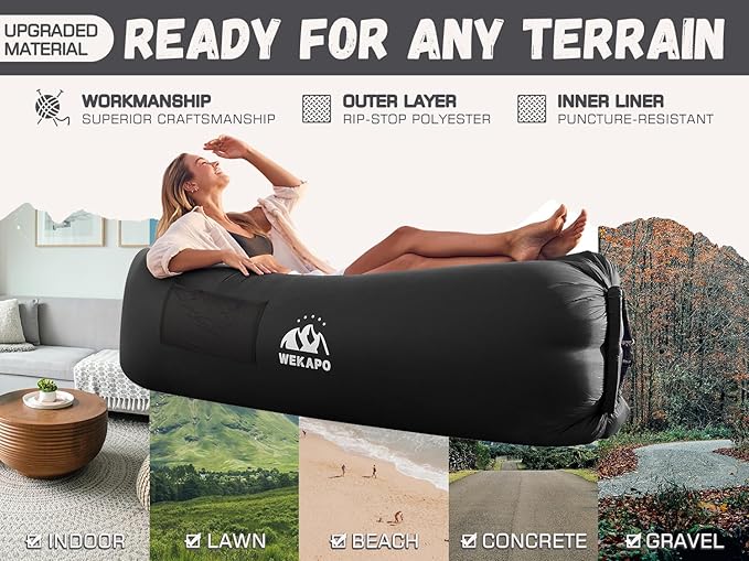 WEKAPO Inflatable Couch with Pump - Easiest Setup, Crazy Comfy & Ultralight - Blow up Lounger Chair