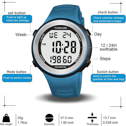 Mens Pedometer Watch for Walking Step Counter Watch No Charging, No App Connection, with EL