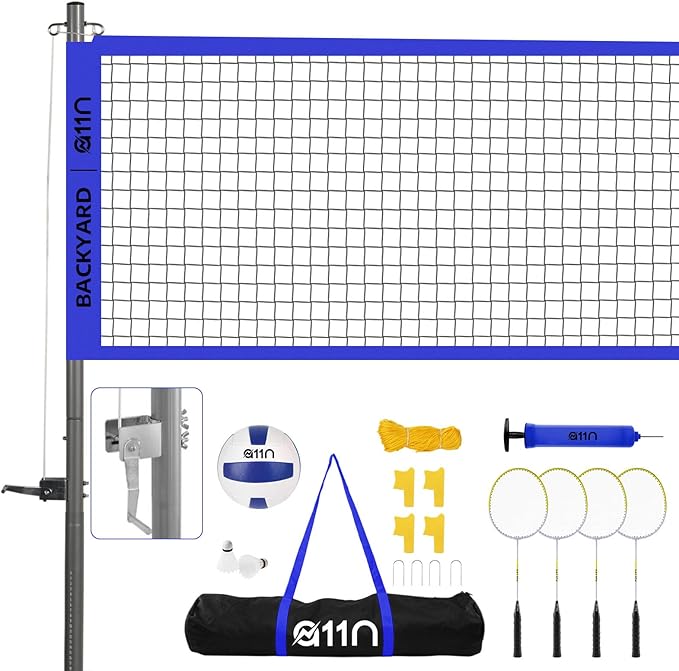 A11N Outdoor Volleyball and Badminton Combo Set - Includes Adjustable Height Anti-Sag Net