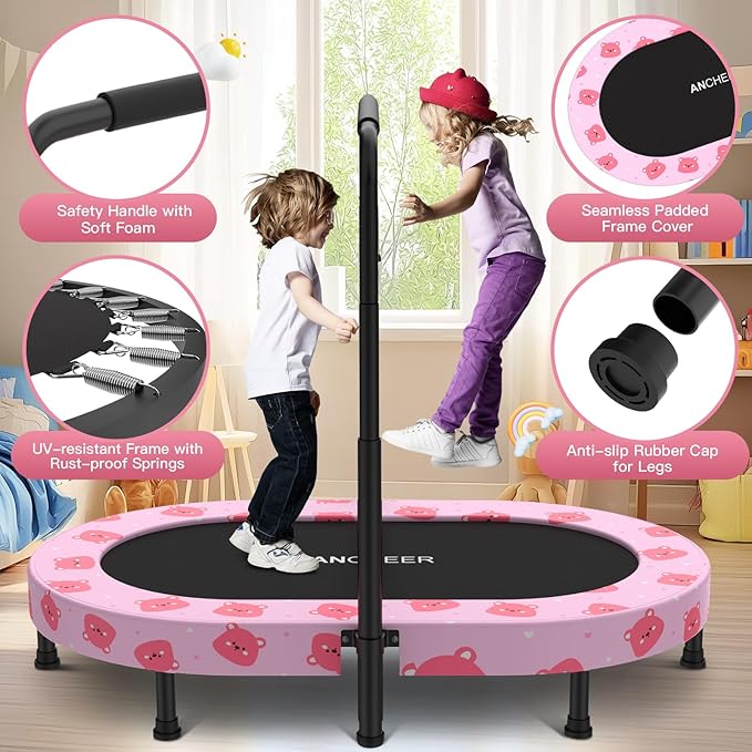 ANCHEER 56" Double Mini Trampoline for Kids, Mini Rebounder with 5-Level Adjustable Handle