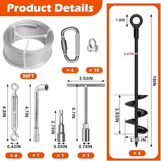 4 Pcs 18" Fully Welded Ground Anchors Shed Anchors Kit with 1/8" Galvanized Cable & Turnbuckles &