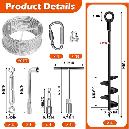 4 Pcs 18" Fully Welded Ground Anchors Shed Anchors Kit with 1/8" Galvanized Cable & Turnbuckles &