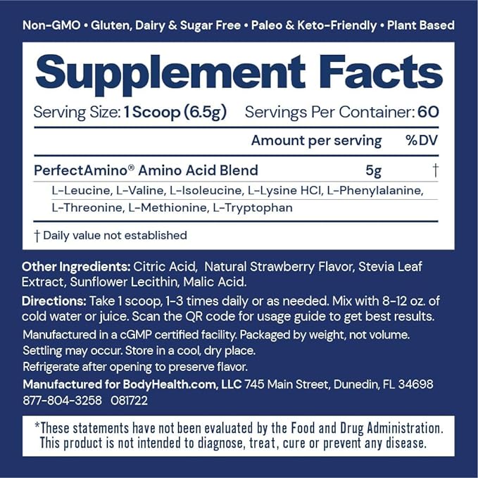BodyHealth PerfectAmino Powder - BCAA and EAA Powder for Pre and Post Workout - Amino Acid Energy