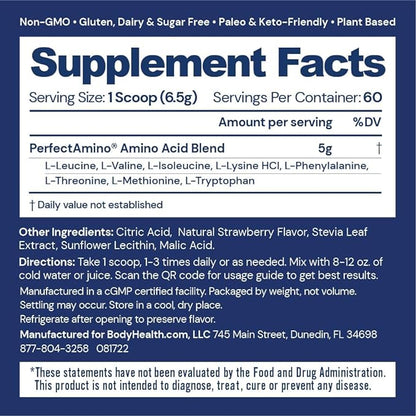BodyHealth PerfectAmino Powder - BCAA and EAA Powder for Pre and Post Workout - Amino Acid Energy