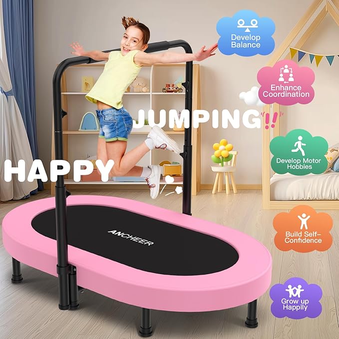 ANCHEER 56" Double Mini Trampoline for Kids, Mini Rebounder with 5-Level Adjustable Handle
