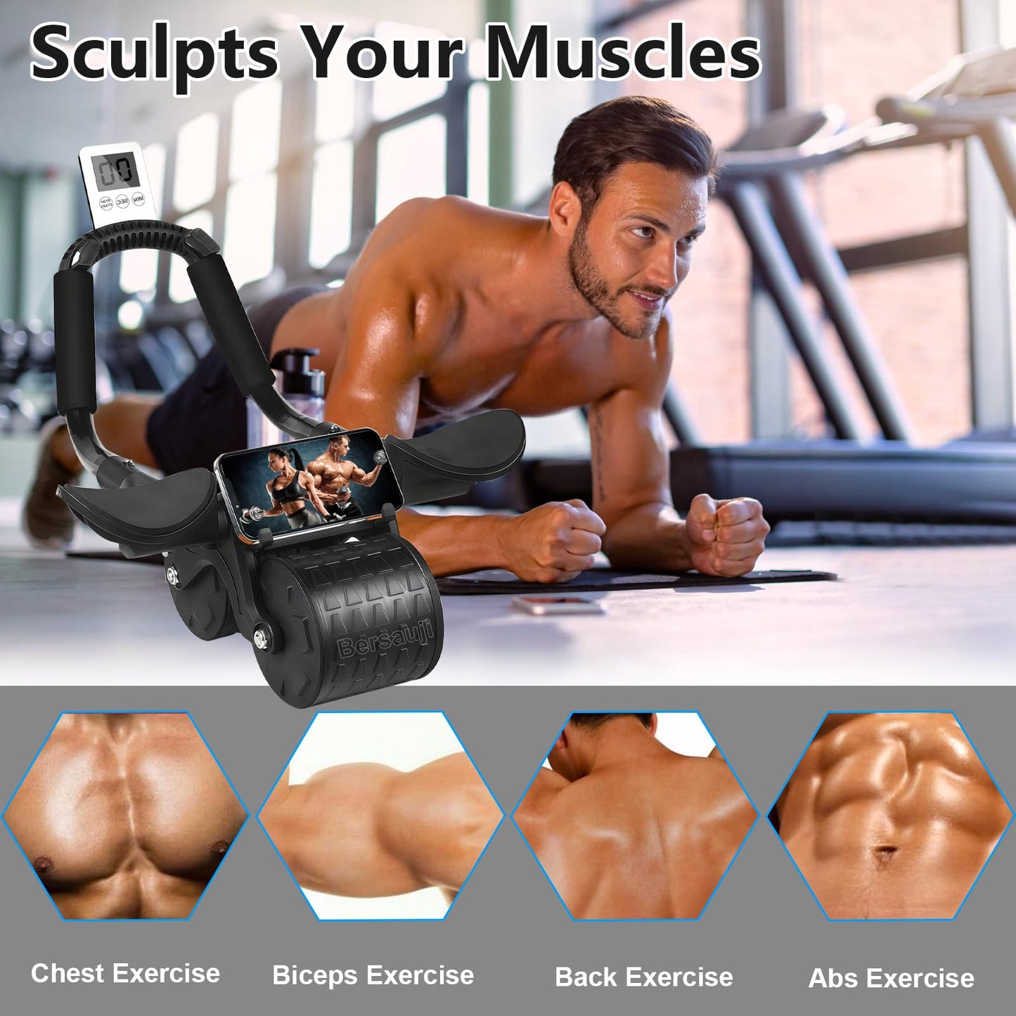 2026 Upgraded Ab Roller Wheel with Knee Mat &Timer - Automatic Rebound Abdominal Wheel with Elbow
