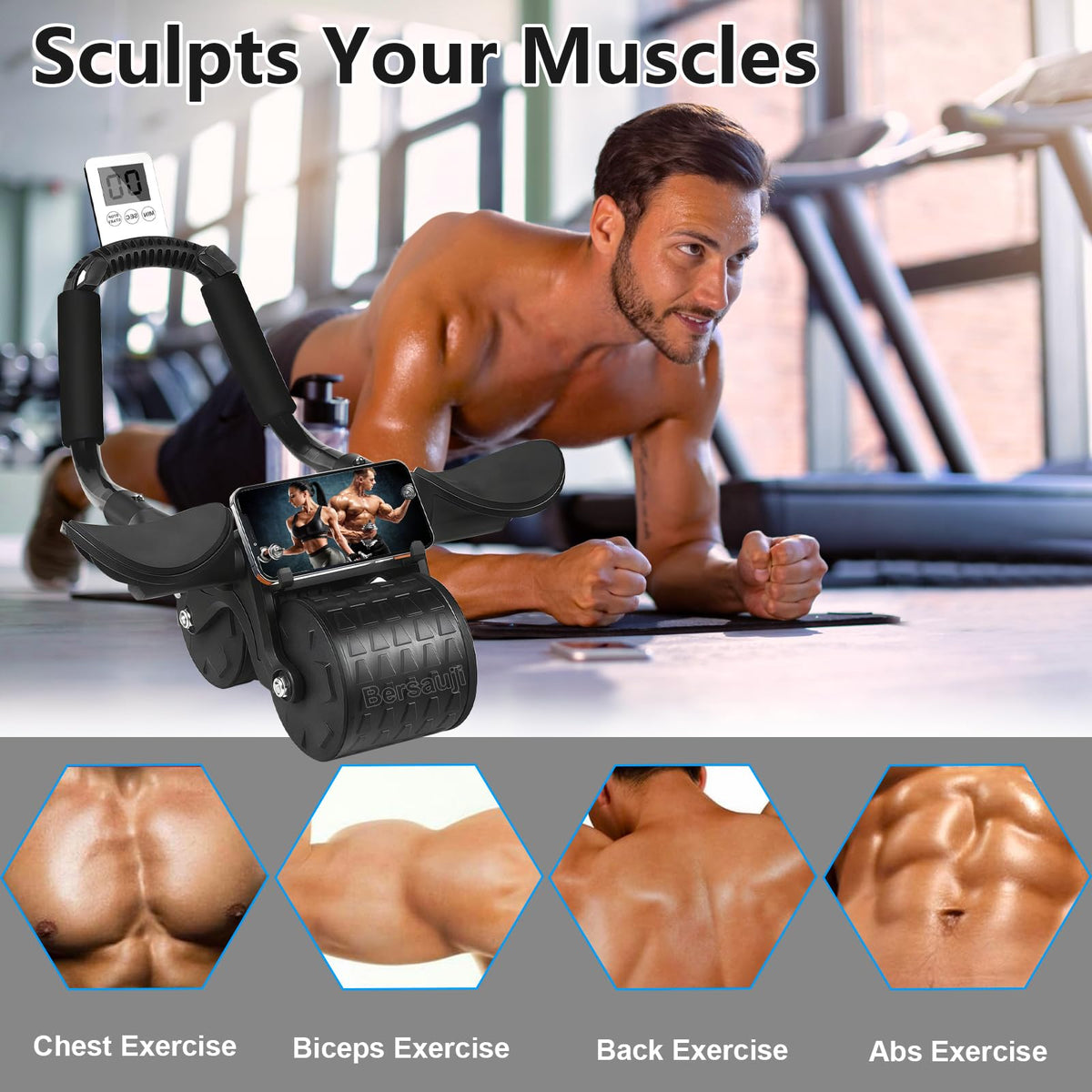 2026 Upgraded Ab Roller Wheel with Knee Mat &Timer - Automatic Rebound Abdominal Wheel with Elbow