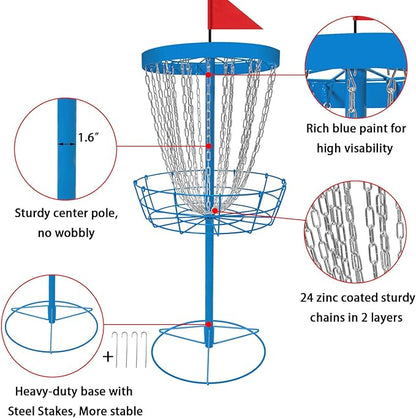 Disc Golf Basket with Discs | Portable Disc Golf Target with Heavy Duty 24-Chains Disc Golf Course