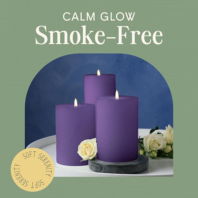 Mister Candle Dripless Unscented Pillar Candles, Set of 3 Hand Poured Purple Pillar Candles, Solid