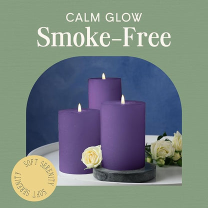 Mister Candle Dripless Unscented Pillar Candles, Set of 3 Hand Poured Purple Pillar Candles, Solid