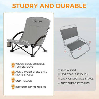 KingCamp Low Beach Chairs, Portable Folding Chair for Adults Extra Wide Ergonomic High Back Seat