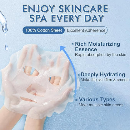 28 Pack Sheet Face Masks Skincare, Hydrating Face Masks Suitable for Sensitive Skin, Bulk Facial