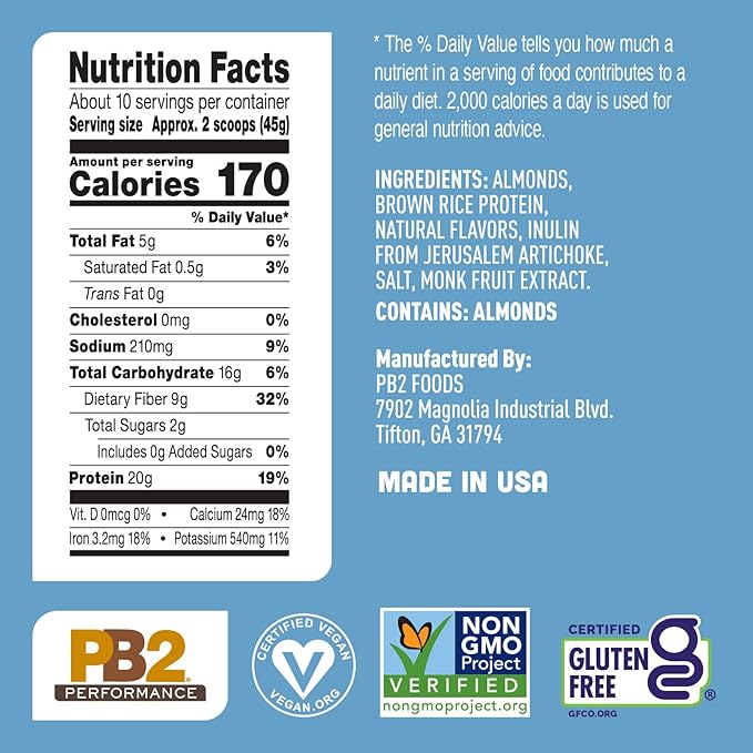 PB2 Performance Almond Plant Based Vegan Protein Powder | 20g Complete Protein, No Added Sugar