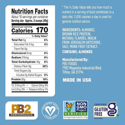 PB2 Performance Almond Plant Based Vegan Protein Powder | 20g Complete Protein, No Added Sugar