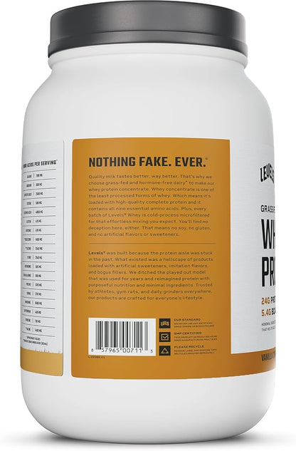 Levels Grass Fed Whey Protein Powder, No Artificials, 24G of Protein, Vanilla Cinnamon, 2LB