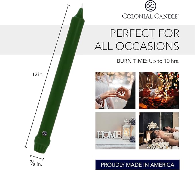 Colonial Candle Unscented Taper Candle, Classic Collection, Evergreen, 12 in, Pack of 12 - Up to 10