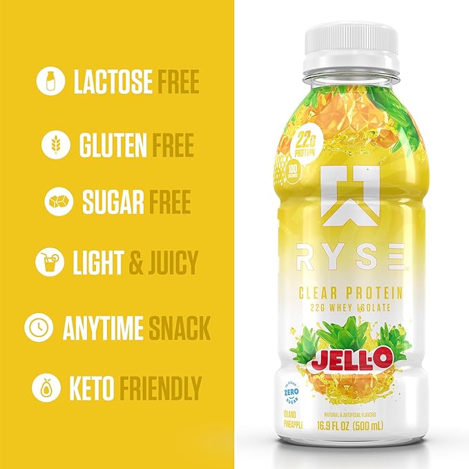 RYSE Clear Protein Shake - Jell-O Island Pineapple - 100 Calories, 22g Whey Isolate Protein