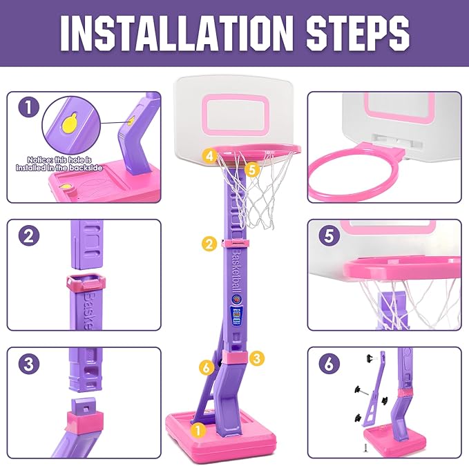 SUPER JOY Toddler Pink Basketball Hoop for Kids 1-3,2-4 5 Years Old, Adjustable Mini Hoop Set for