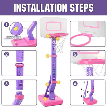 SUPER JOY Toddler Pink Basketball Hoop for Kids 1-3,2-4 5 Years Old, Adjustable Mini Hoop Set for