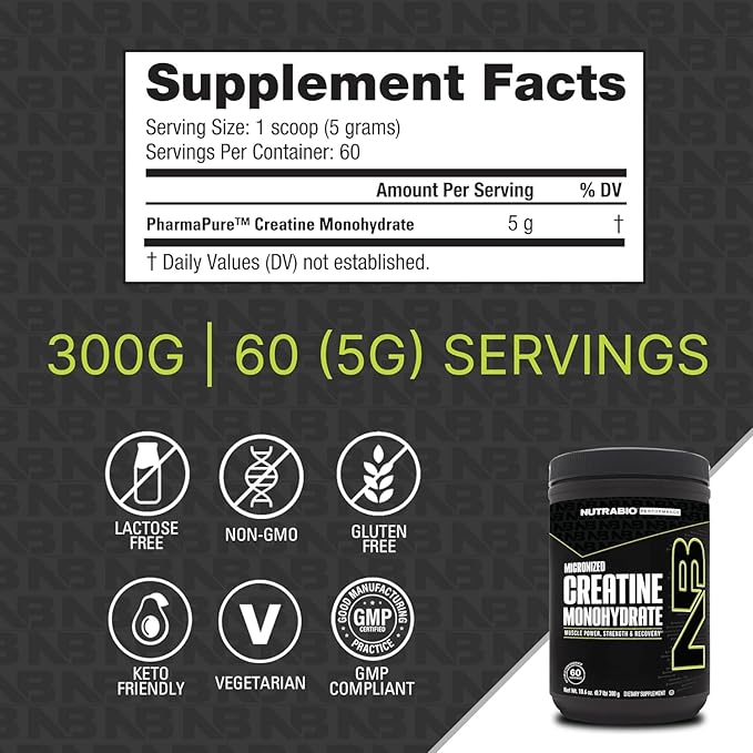 NutraBio Pure Micronized Creatine Monohydrate Powder Supplement, Unflavored, (300 g) - Supports
